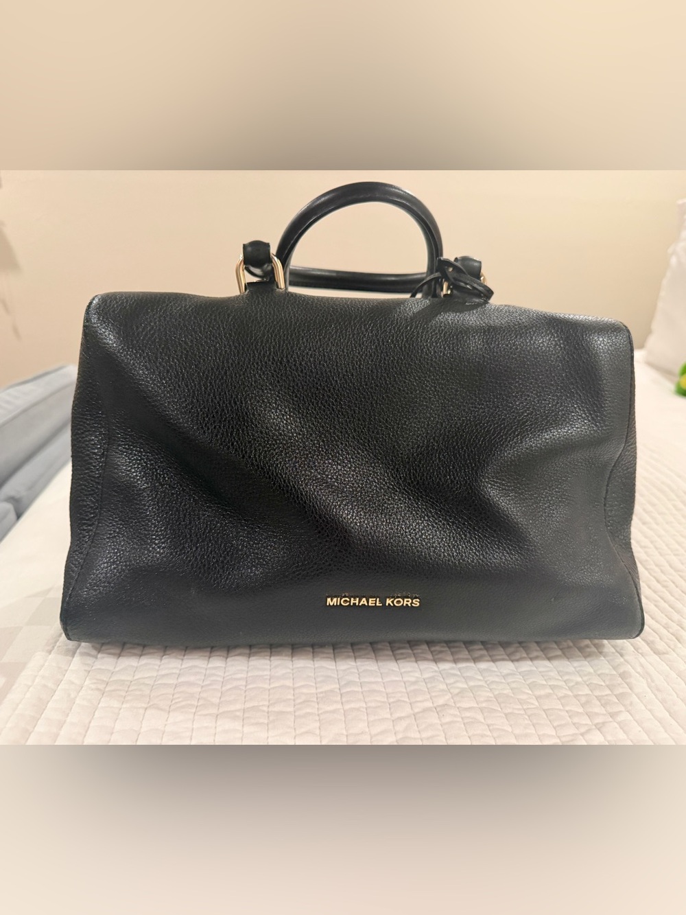 Michael Kors Black Pebbled Leather Top-Handle Satchel with Gold Accents